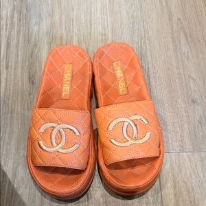 CHANEL Platform Orange Quilted Sandals
